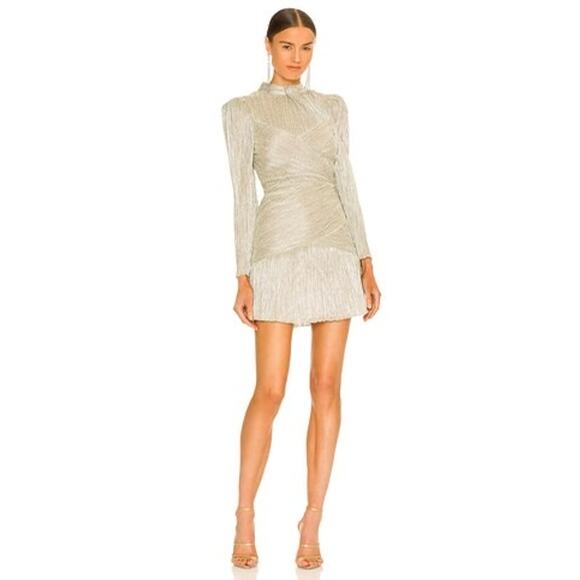Saylor Saydee Silver Metallic Plisse Jacquard Mock Neck Party Mini Dress Size XS - Picture 1 of 9